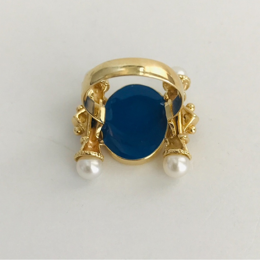 Renaissance Style 14K Glass Cameo, Pearl and Sapphire Ring Size 7 - Picture 4 of 14